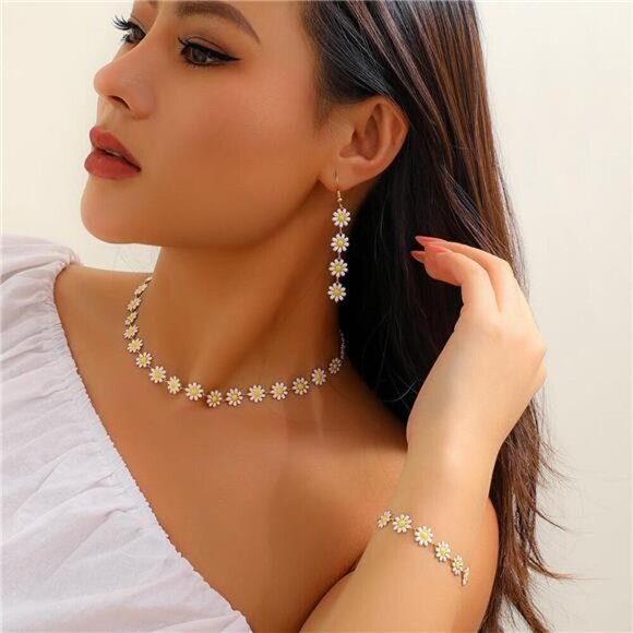 Charming Daisy Flower Jewelry Set – Necklace, Bracelet, and Earrings for Women - Picture 2 of 6